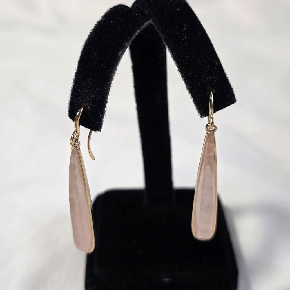 Linear Drop Wire Earrings Elongated Rose Quartz Teardrops in Gold-Tone Metal
